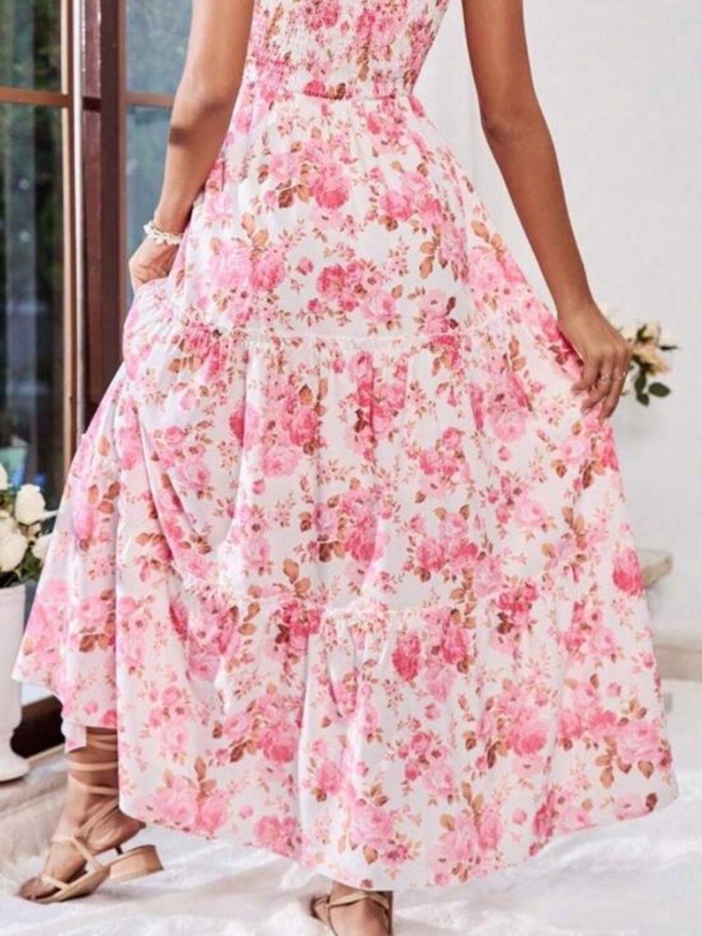 Floral Pink Tiered Sundress with Smocked Bodice - Picture 3 of 5